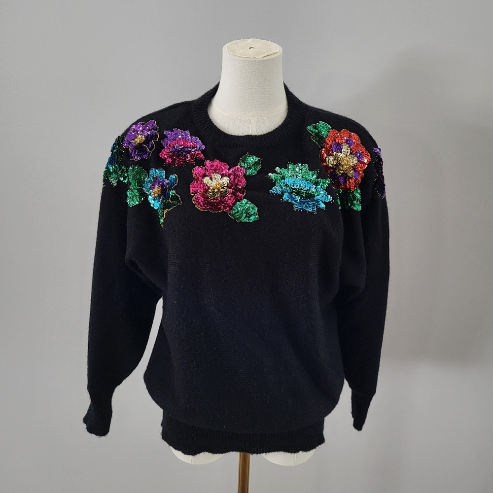 Vintage 90s Sequin Floral Sweater Black Embellished Glam Top S